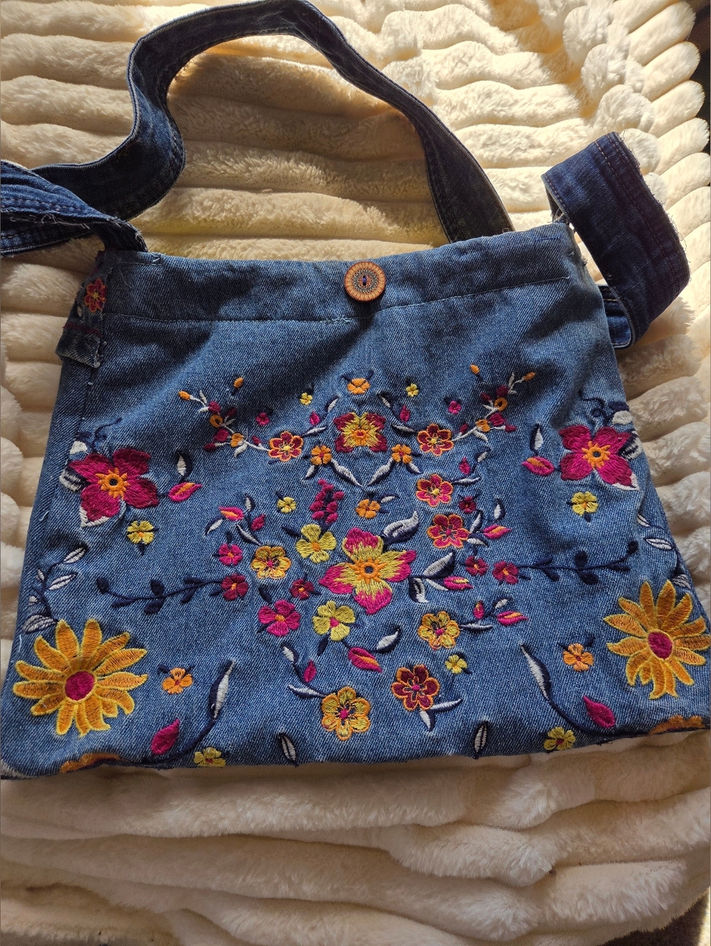 Hand Made Denim Crossbody Bag with Floral Embroidery and Yellow Lining
